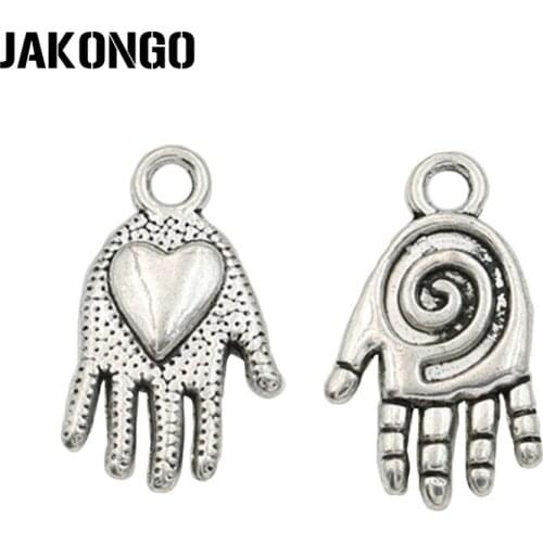 JAKONGO Tibetan Silver Plated Heart Hand Swirl Charms Pendants for Bracelets Necklace Jewelry Making DIY Handmade Craft 20x12mm