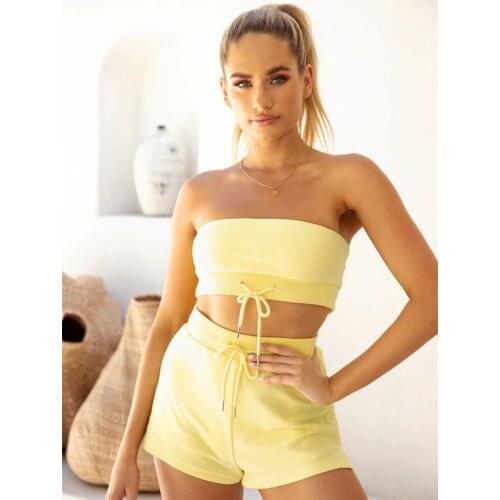 2 Pieces Shorts Set Women Sexy Strapless Vest Solid Tube Top High Waist Lace Up Casual Pants Running Sport Shorts Lady