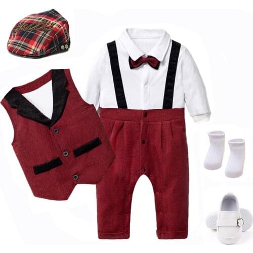 Fashion Autumn Boys Clothes Hat Shoes Baby Outfit Set Bow Tie Bib Suit Newborn Bebes Party Birthday Dresses 3 6 9 12 18 Months