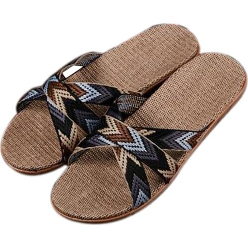 Mens Beach Flip Flops Indoor Silent Home Linen Slippers Healthy Flax Sandals Male Cross Striped Slippers Masculino Calzado Hot