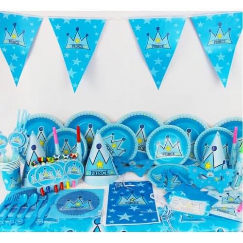 2017 New 84pcs 6kids Prince boys set kids Disposable Paper Cups + Plates Birthday Party Decoration Set Supplies Baby Show Party