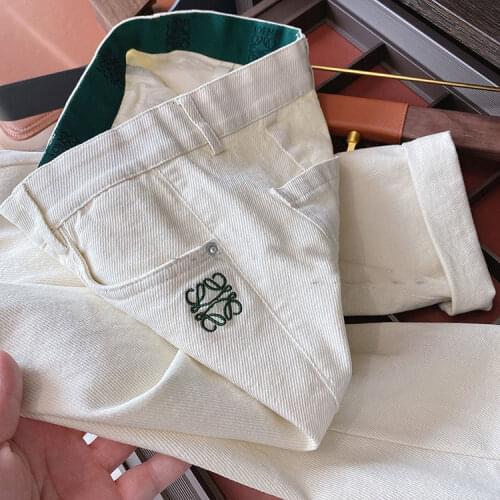 2021 new off white high waist jeans womens nine point straight loose elastic waist casual 0408