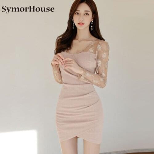 2020 Spring New Sexy Short Party Night Club Dress Lace Patchwork Long Sleeve v-neck Hollow out Slim Pencil Dresses Autumn