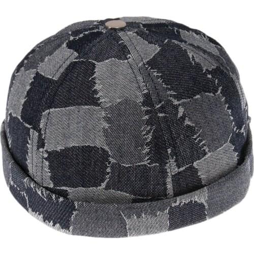 Retro Plaid Contrast Washed Denim Docker Cap Distressed Rolled Cuff Skull Hat