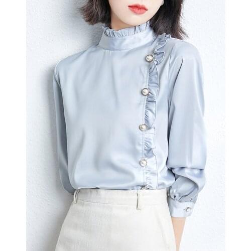 Retro Stand Collar Satin Chiffon Shirt Women All-Match Office Lady Fashion Fungus Beading Ladies Tops And Blouses 2021 Summer