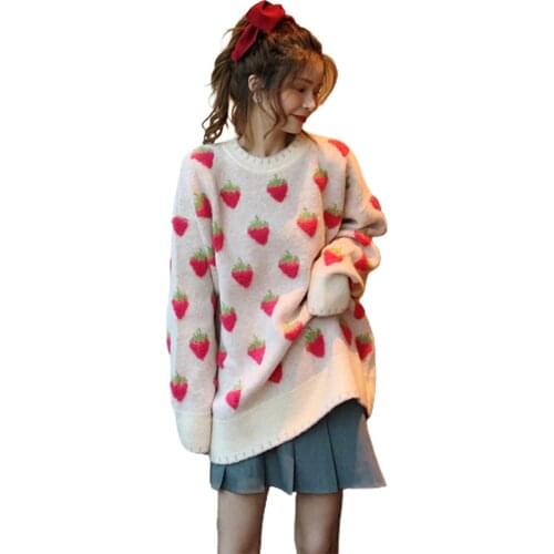 Woman sweaters Girl Loose Sweet Lazy Retro Japanese O-Neck Strawberry Print Long Sleeve Sweater Pullover Autumn Female Clothes