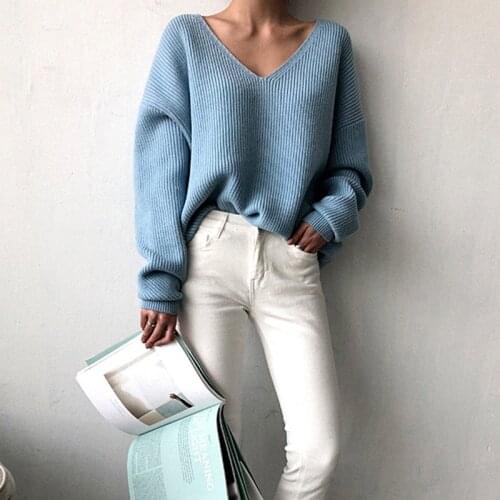 Autumn Korean V neck Knitted Sweater Women Casual Long Sleeve Pullover Sweater Irregular Solid Loose Femme Winter Jumper