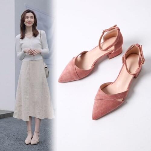 YQBTDL 2020 Fashion New Summer Med Block Heel Shoes Pointed Toe Suede Ankle Strap Womens Pumps Pink Black Leisure Chunky Heels