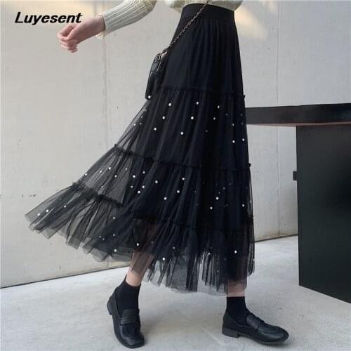 Solid Black Beige Women High Waist Long Skirt Mesh Pearl Lady Gothic A-line Skirts Harajuku Street Casual Korean Fashion Clothes