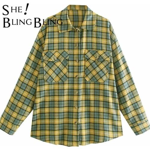 SheBlingBling Za Woman 2021 Casual Traf Tops Oversized Autumn Drop Shoulder Plaid Blouses Pockets Curved Hem Loose Checked Shirt