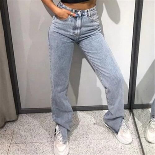 TVVOVVIN High Waist Split Jeans Womens 2021 Spring New Loose Washed Denim Trousers Elasticity Straight Pants Vuat