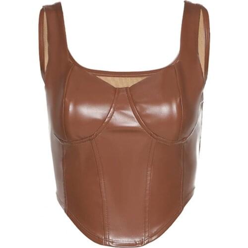 Womens Corset Bustier Sexy Low-cut Bustier Sling PU Crop Top Punk Style Tank Top Club Party Cropped Top Vest Women Underwear