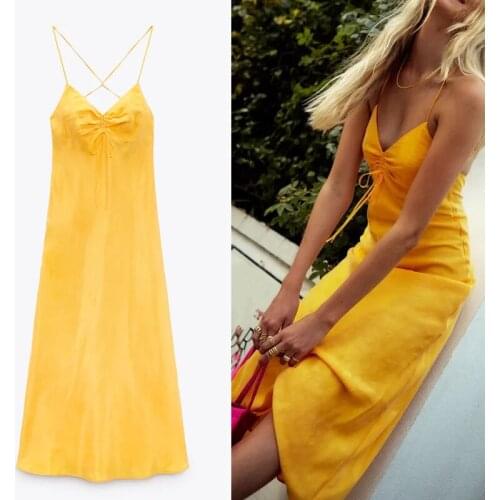 TRAF Za 2021 Yellow Slip Dress Women Sleeveless Summer Long Dresses Ruched Strappy Satin Dress Lady Backless Midi Night Dresses