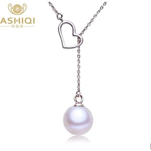 ASHIQI Freshwater Pearl 925 Sterling Silver heart Necklaces Pendant 8-9 mm Natural pearl jewelry for women gift