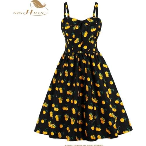SISHION 50s 60s A Line Retro Women Dress VD1491 Cotton Sexy Spaghetti Strap Dress Black Fruit Animal Print Party Vintage Dress