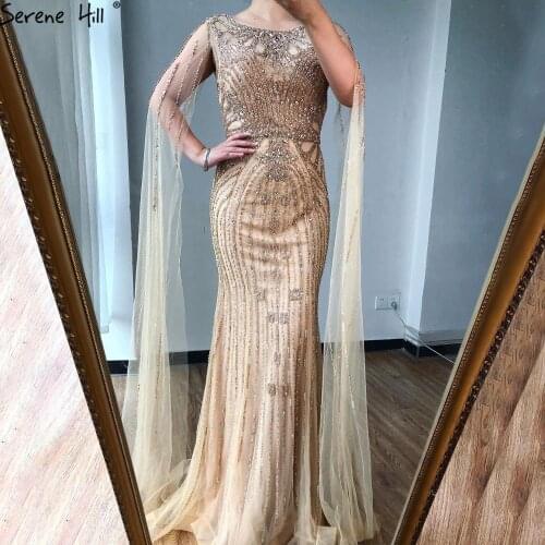 Serene Hill Dubai Gold Luxury Beaded Mermaid Evening Dress 2021 Cape Sleeves Sexy For Women Formal Party Gown CLA70868