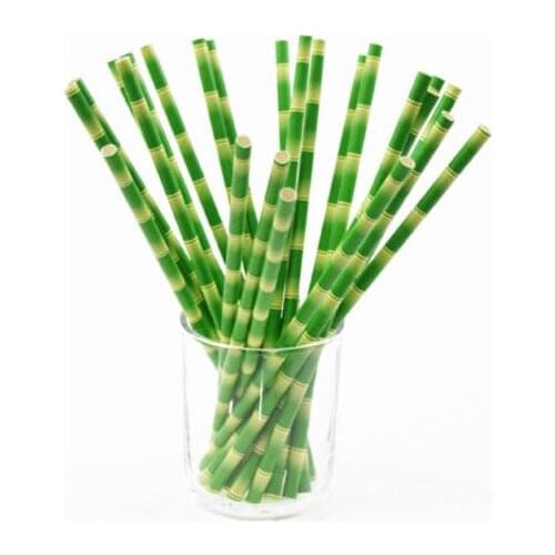 25 Pcs Green Bamboo Print Tiki Paper Straws Environmental Paper Drinking Straws For Wedding Birthday Bar/Pub Party Supply
