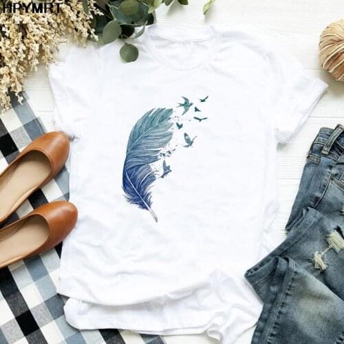 Summer Fashion Womens T-shirt Aesthetic feathers White Oversized Short-sleeved T shirt Female Harajuku Top 90s Woman Clothing