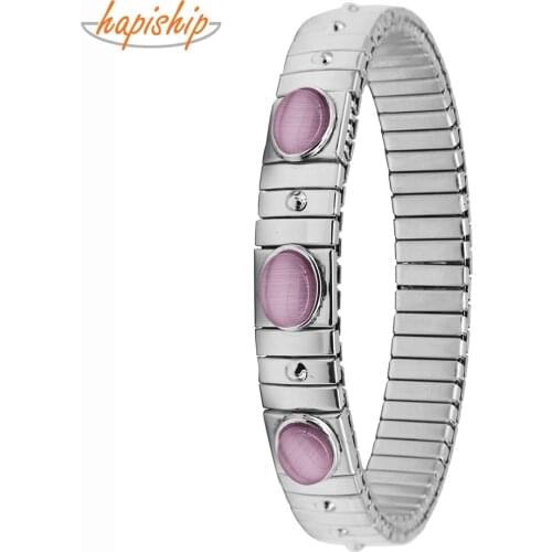 Hapiship 2020 New Womens Jewelry 9mm Width Stainless Steel Pink Opals Elastic Fashion Bracelet For Women Men Jewelry MY028