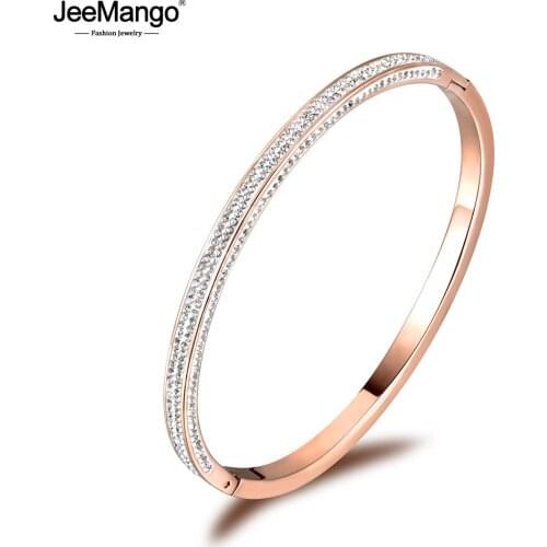 JeeMango Stainless Steel Rose Gold Three Sides Rhinestone Cuff Bangles Bracelets Lovers Jewelry Valentines Day Gift JB18059