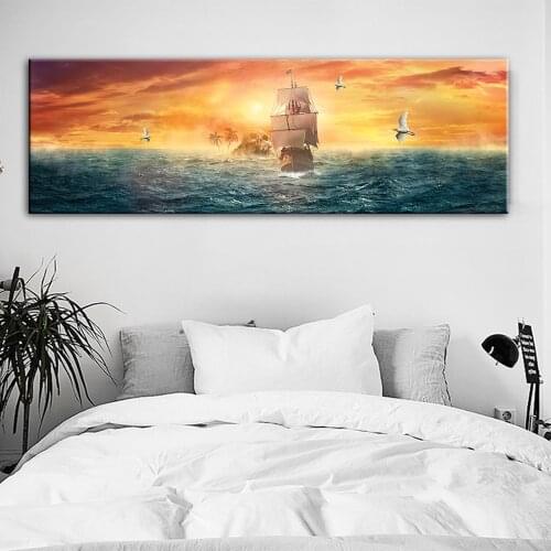 Shantou Islands Canvas Paintings Sailing Ship On The Sea Scenery Wall Art Canvas Sunset Posters And prints For Bed Room Decor