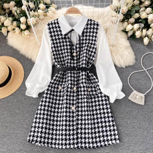 2021 Fashion Early Autumn New Suit Female Temperament Bubble Sleeve Shirt Houndstooth Strap Dress Two-piece Suit KK955