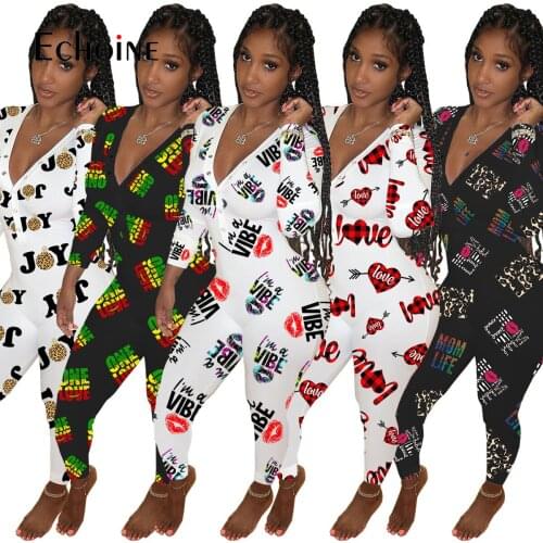 Echoine spring Autumn Sexy Onesies For Adults Long Sleeve V-neck fine Print Pajama Romper Women Jumpsuit Nightwear Home Wear