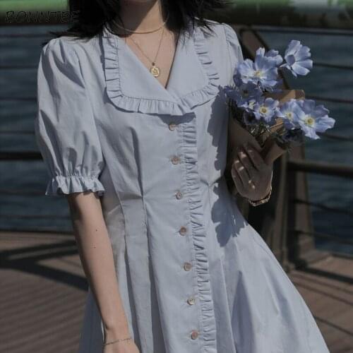 Dresses Women Casual Single Breasted A-line Mini Solid High Waist Fashion V-neck Stylish Ulzzang Chic Tender Elegant Classy New