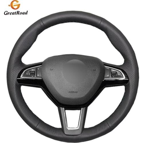 Hand-stitched BlackGenuine leather Car Steering Wheel Cover for Skoda Citigo 2013-2019 Fabia 2013-2019 Karoq 2017-2019