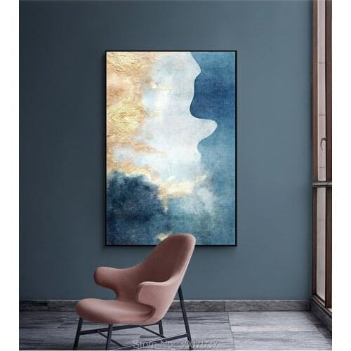 Handmade Oil Painting on canvas Abstract golden and blue Canvas Painting wall art for Dining room home decor Wall art No Frame