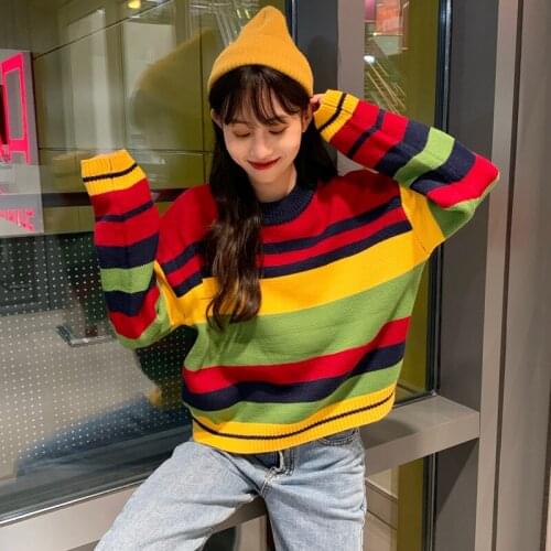 Chic Cute Retro Striped Loose Sweater Womens Sweaters Japanese Kawaii Ulzzang Female Korean Harajuku Clothing For Women