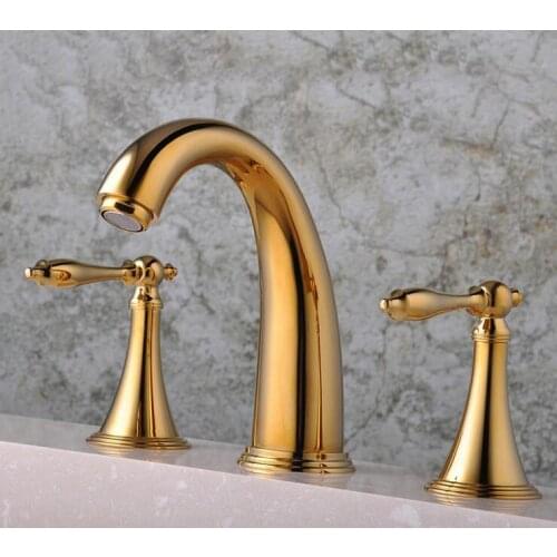 2 handles sink basin faucet hot and cold, Copper three hole sink basin faucet golden, Brass handle bathroom bathtub faucet deck