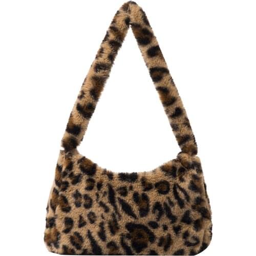 Fashion For Women Shoulder Warm Soft Plush Retro Tote Shopping School Picnic Leopard Cow Print Underarm Bags Fluffy Spring Fall