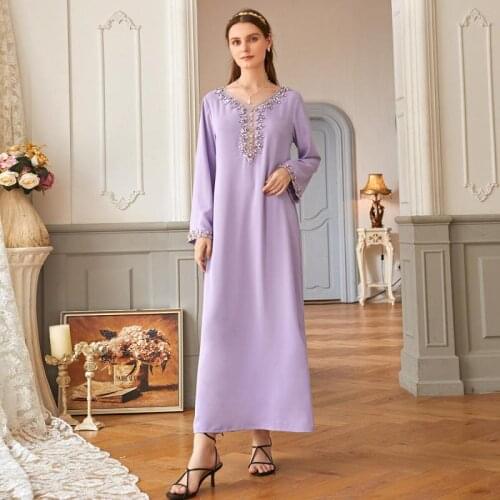 Light Purple Heavy Industry Rhinestone Phnom Penh Robe Middle East Turkey Muslim Dress Islamic Women Muslim Woman Kimono