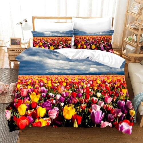 Tulip Bedding Set Flowers Scenery Comforter 3D Print Luxury Duvet Cover Set Home Textile Decor Queen King Single Size Romantic