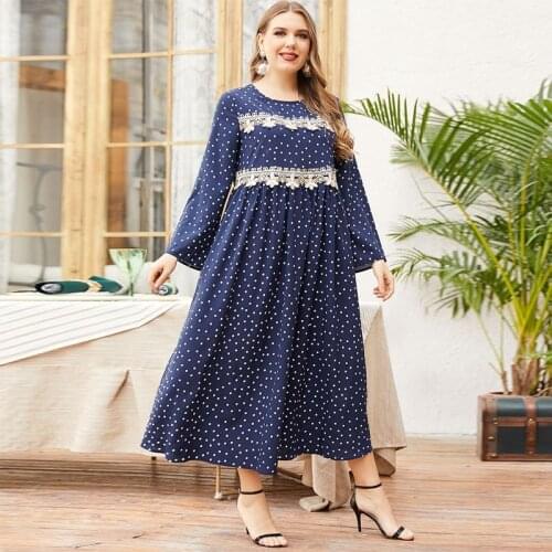 Abaya Turkey Plus Size Womens Long-sleeved Fashion Blue Polka Dot Printing Lace Contrast Stitching Muslim Casual Long Skirt