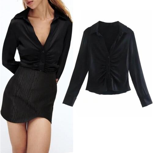 TRAF Women Shirt Za Black Satin Crop Top Woman Autumn Fashion Pleated Long Sleeve Vintage Blouse Female Collared Button Up Shirt
