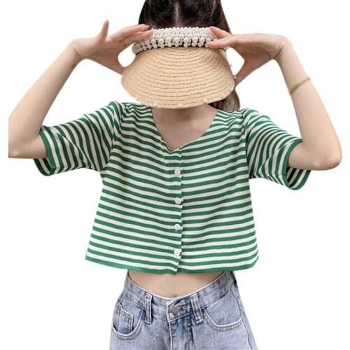 Women Striped Short Sleeve Slim Knitted Summer Short Sleeve Korean Style Ladies Sweet O neck Tee Shirt