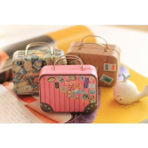 Rectangular Tinplate Storage Tin Box Retro Mini Suitcase Handbag Small Candy Snack Box Makeup Cosmetic Jewelry Organizer