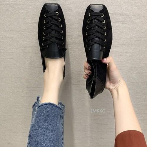 2021 Women Casual Flats woman Square Toe Platform Shoes New Spring Lace-Up PU Soft Leather Shoes Slip On Loafers SIZE 40