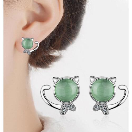 ANENJERY 925 Sterling Silver Opal Cat Stud Earrings For Women Girl Gift pendientes oorbellen S-E494