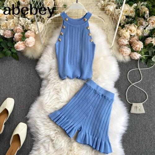 Two Piece Sets Sleeveless Buttons Tops+High Waist Ruffles Shorts Sexy Tracksuit Women Two Piece Outfits