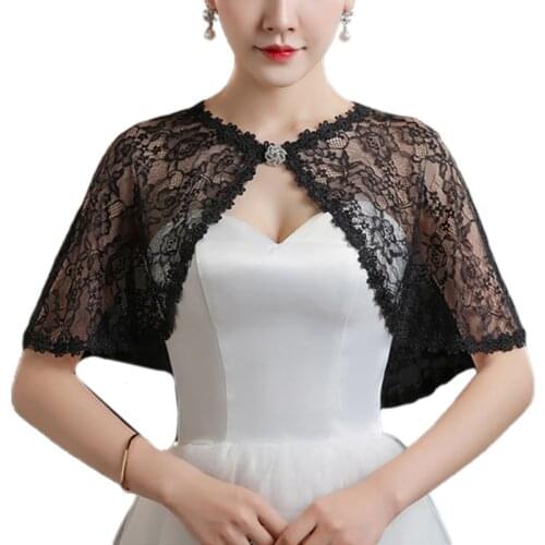 Women Wedding Floral Lace Wrap Shawl Perspective Embroidery Prom Bolero Shrug Rhinestone Buckle Open Front Bridal Cape 2020