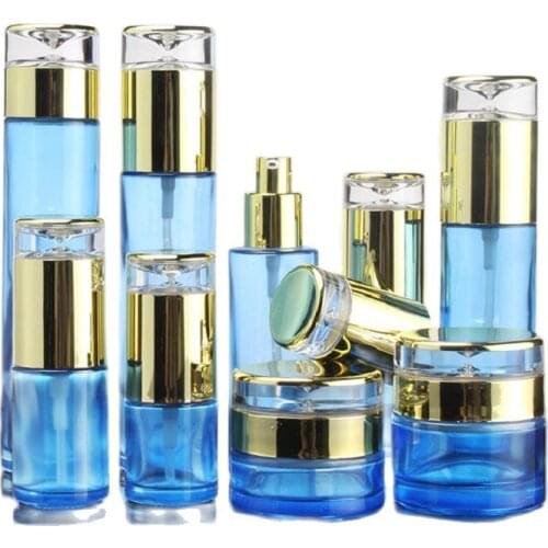 10pcs Empty 20ml~120ml Mist Spray Bottle Blue 30/50G Cream Container Gold Drop Lid Atomizer Makeup Emulsion Lotion Pump Bottle