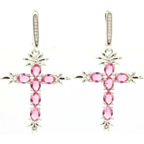 48x27mm Amazing Long Cross Created Pink Tourmaline London Blue Topaz For Womans Daily Wear Silver Earrings Fine Jewelry