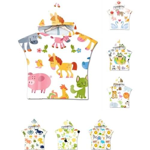 Free shipping Cartoon Animal Lion Giraffe Zebra Horse Toucan Cactus Baby Kids Poncho Towel Hooded Swim Bath Beach Towel Cape