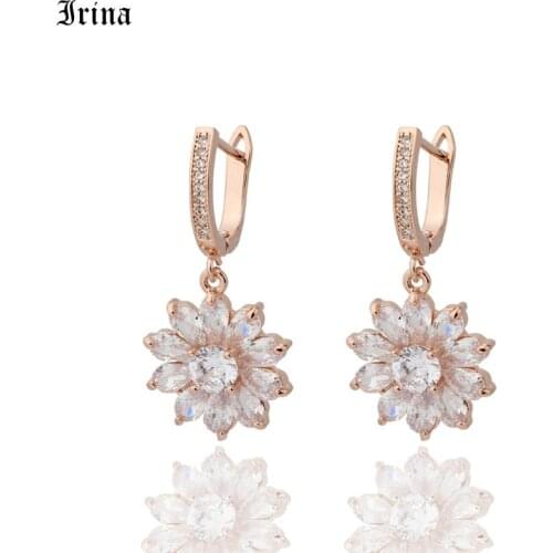 Irina Free Shipping Wholesale Delicate Flower Rose Gold-Color Clear Round Cubic Zirconia Drop Earrings For Women No Nickel