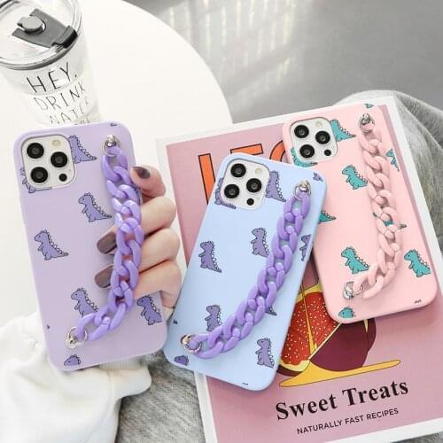 Cute Dinosaur Chain Cases For iPhone 12 11 Pro Max Mini XR XS Max X 7 8 6S 6 Plus 5 5s SE 2020 Wrist Strap Cases Bumber Cover