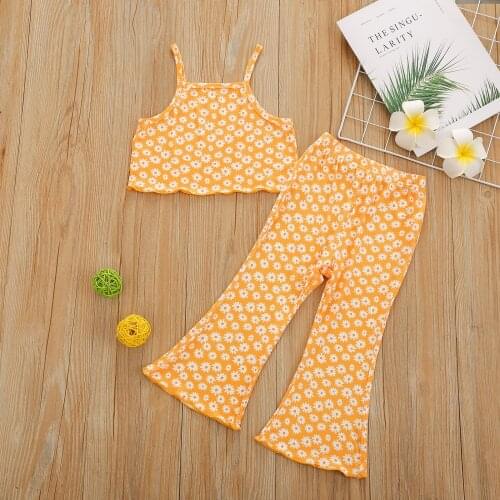 Children Baby Girls 2pcs Clothes Se Floral/Leopard Print Sleeveless Cropped Tank Tops + Flared Trousers Pants Infant Outwear