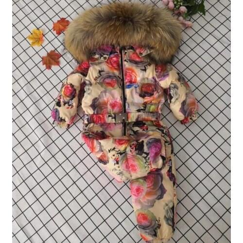 Real fur 2021 Winter Jacket child jackets children jumpsuit Rose Flower snow suit girl down romper ski suits outerwear